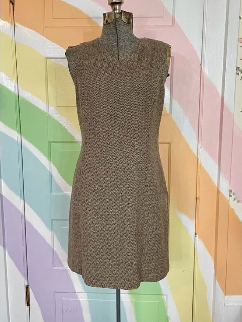 Ralph Lauren Wool Blend Herringbone Tweed Jumper Dress Sz 4 💛🎀 - Picture 3 of 12